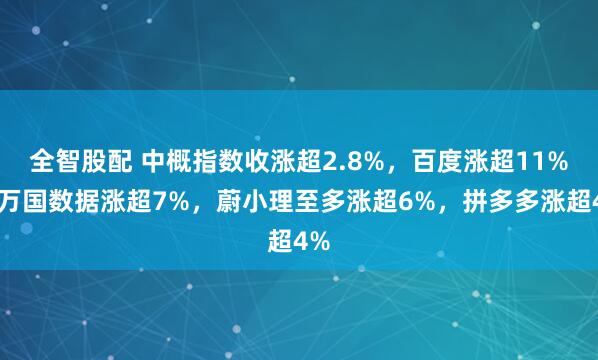 全智股配 中概指数收涨超2.8%，百度涨超11%，万国数据涨超7%，蔚小理至多涨超6%，拼多多涨超4%